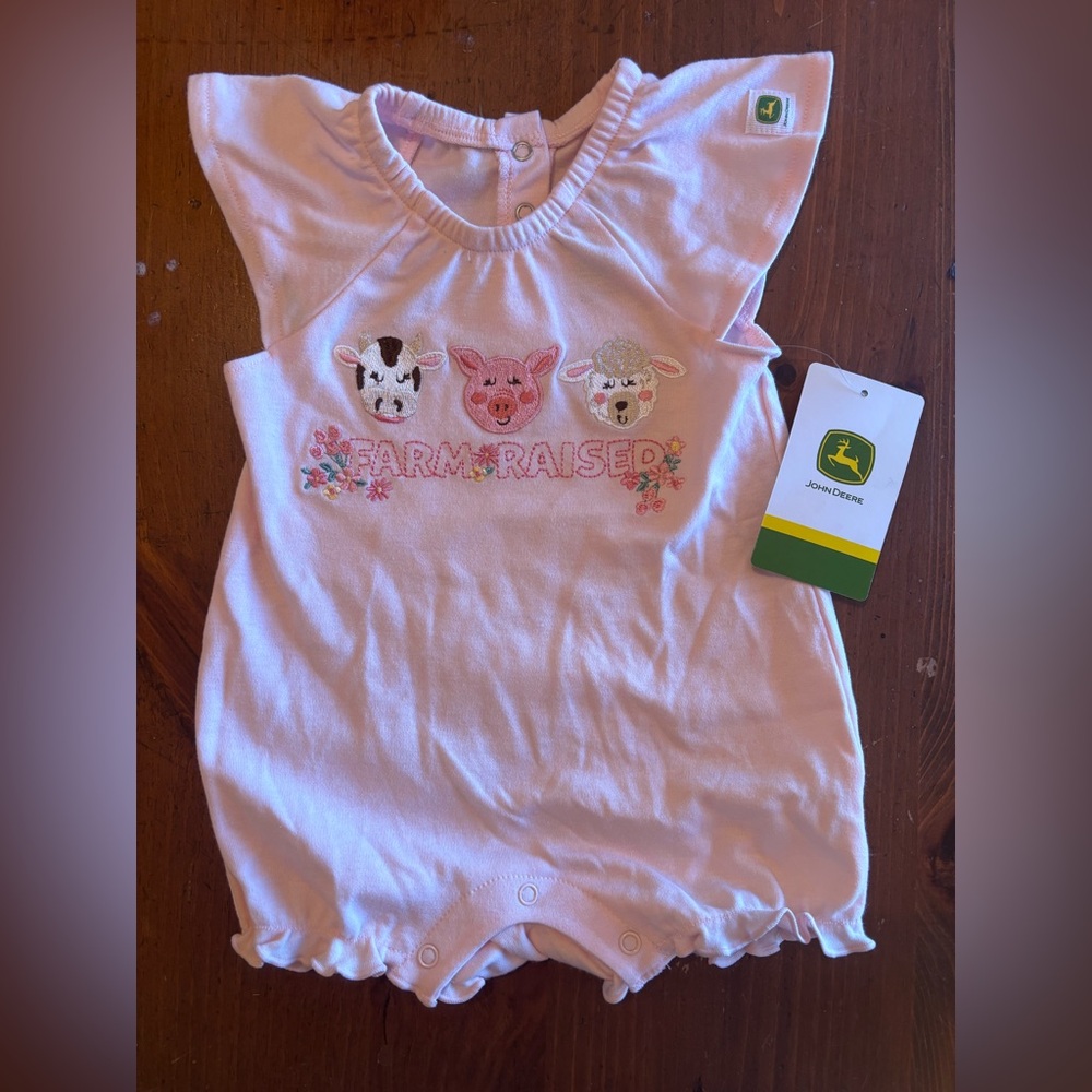 John Deere Pink Baby Romper with Farm Animals
